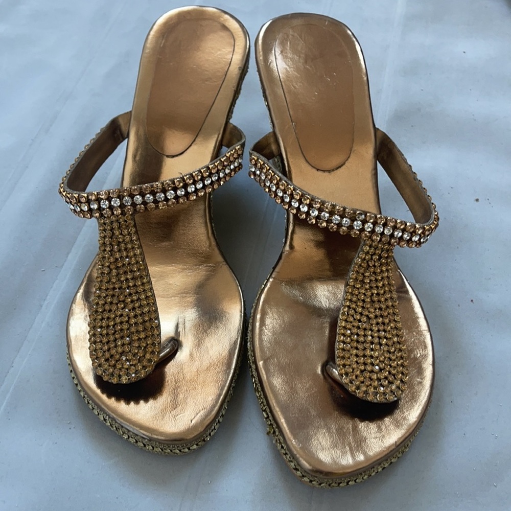 Metallic Gold Crystal Embellished Thong Sandals size 8